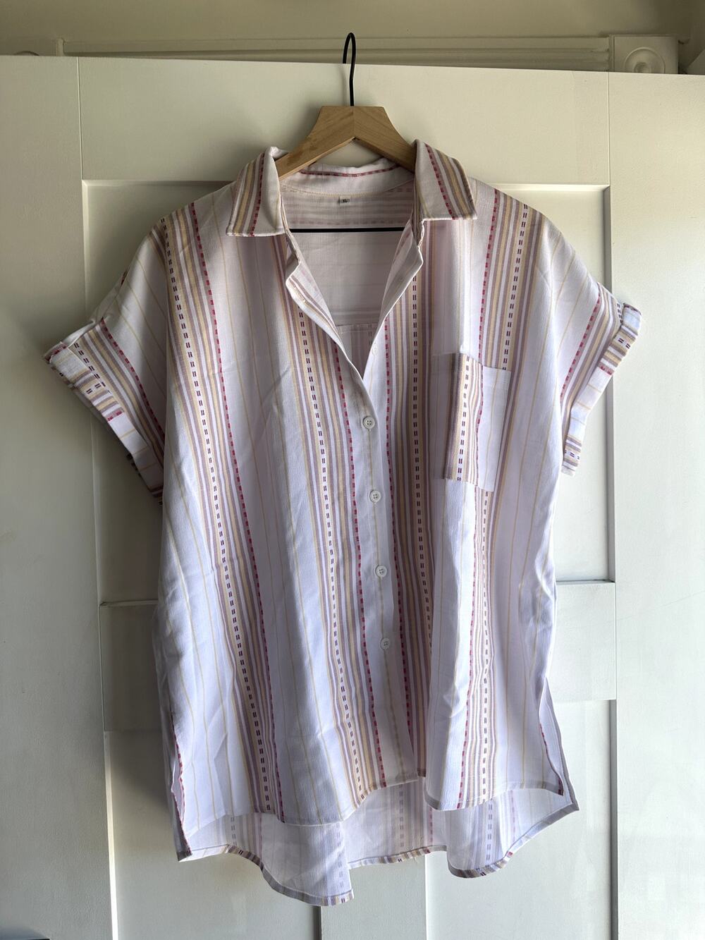 Women's Striped Linen Cotton Blend Button Down Tunic Shirt Short Sleeve XL White